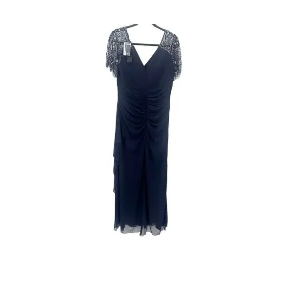 Xscape Short Beaded Sheer Flutter Sleeve Cascading Draped Waist Beaded Gown 12